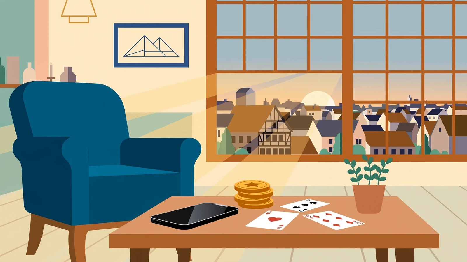 Smartphone auf dem Couchtisch mit Spielmarken und Karten in modernem Wohnzimmer