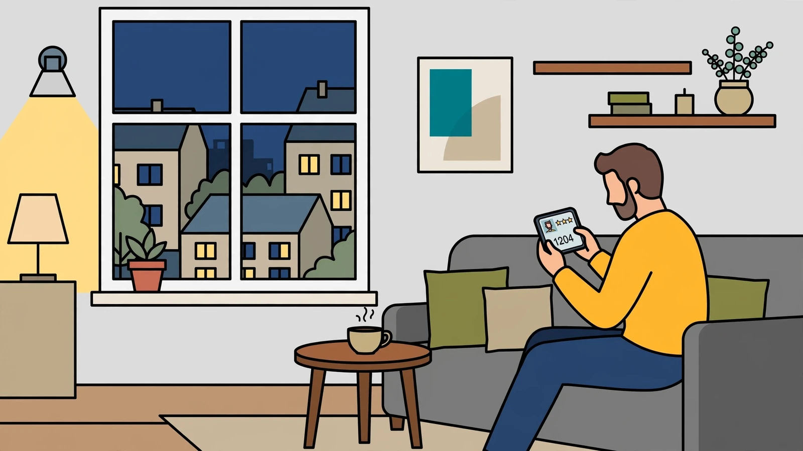 Person entspannt auf der Couch mit dem Smartphone bei warmem Wohnzimmerlicht.