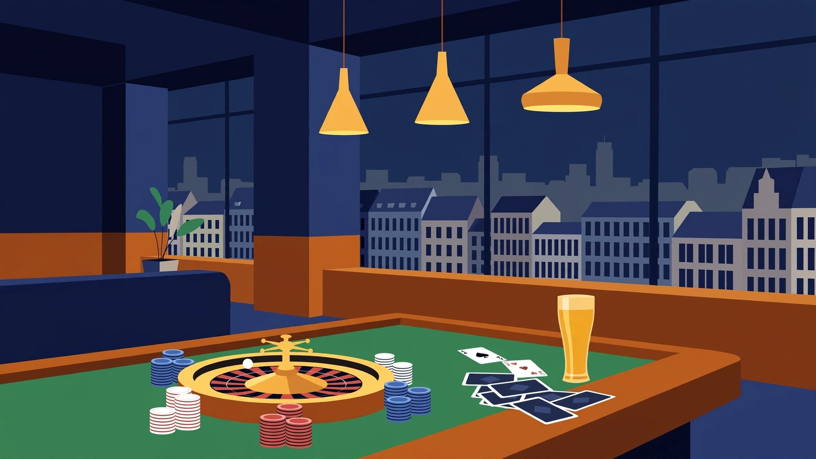 Modernes Casino-Lounge mit Rouletterad, Spielchips und Bierglas