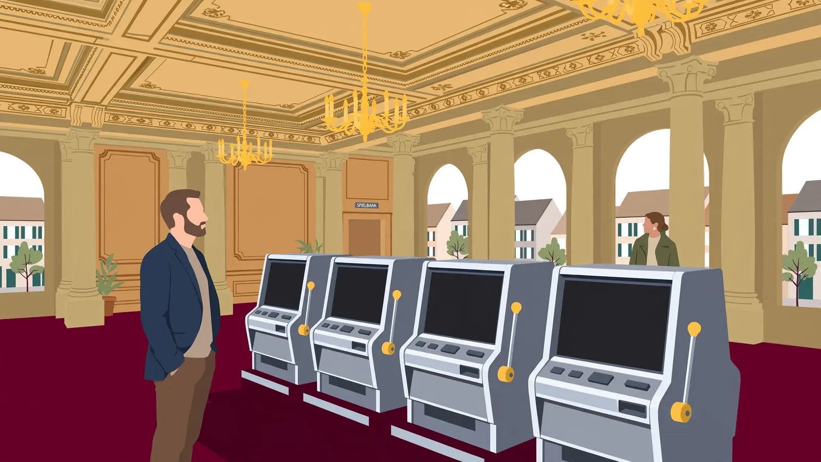 Innenansicht einer eleganten deutschen Spielbank mit klassischen Spielautomaten und Kronleuchtern