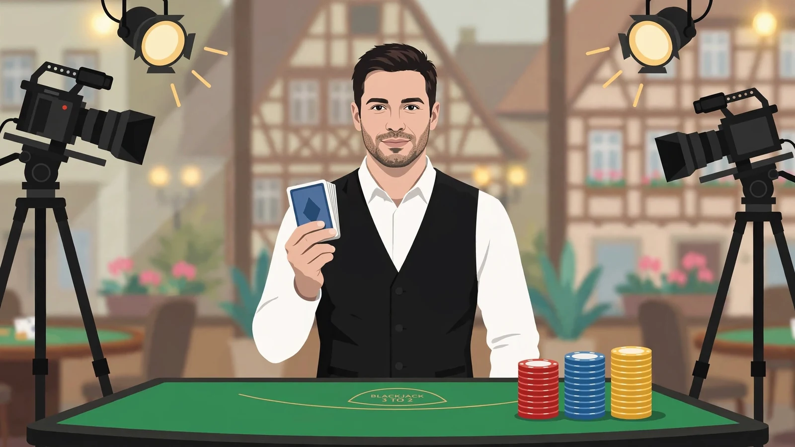 Professioneller Live-Dealer am Spieltisch in einem Casino-Studio mit Karten und Chips.