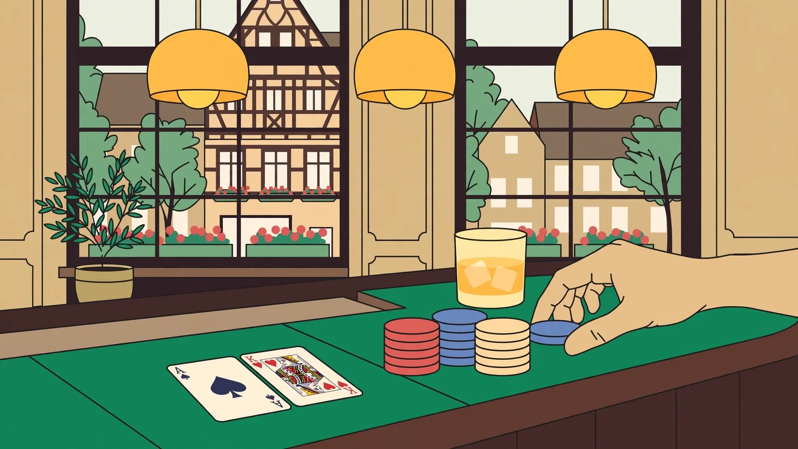 Eleganter Blackjack-Tisch mit gestapelten Chips und ausgeteilten Karten in einem deutschen Casino.