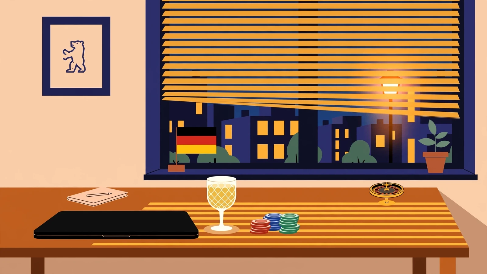 Heimisches Arbeitszimmer in Berlin mit geschlossenem Laptop und Casino-Chips