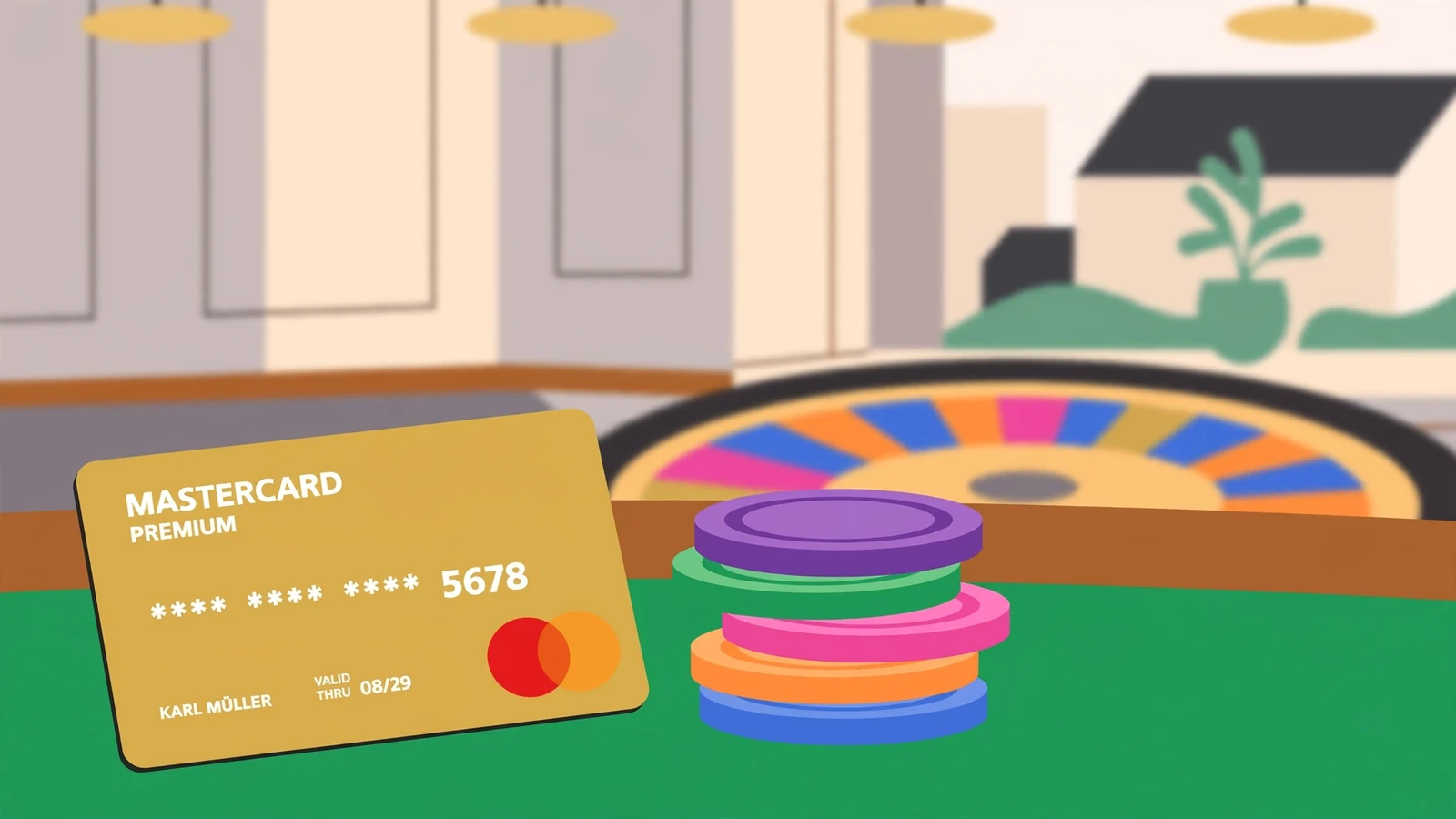 Mastercard-Kreditkarte auf Spieltisch mit Casino-Chips