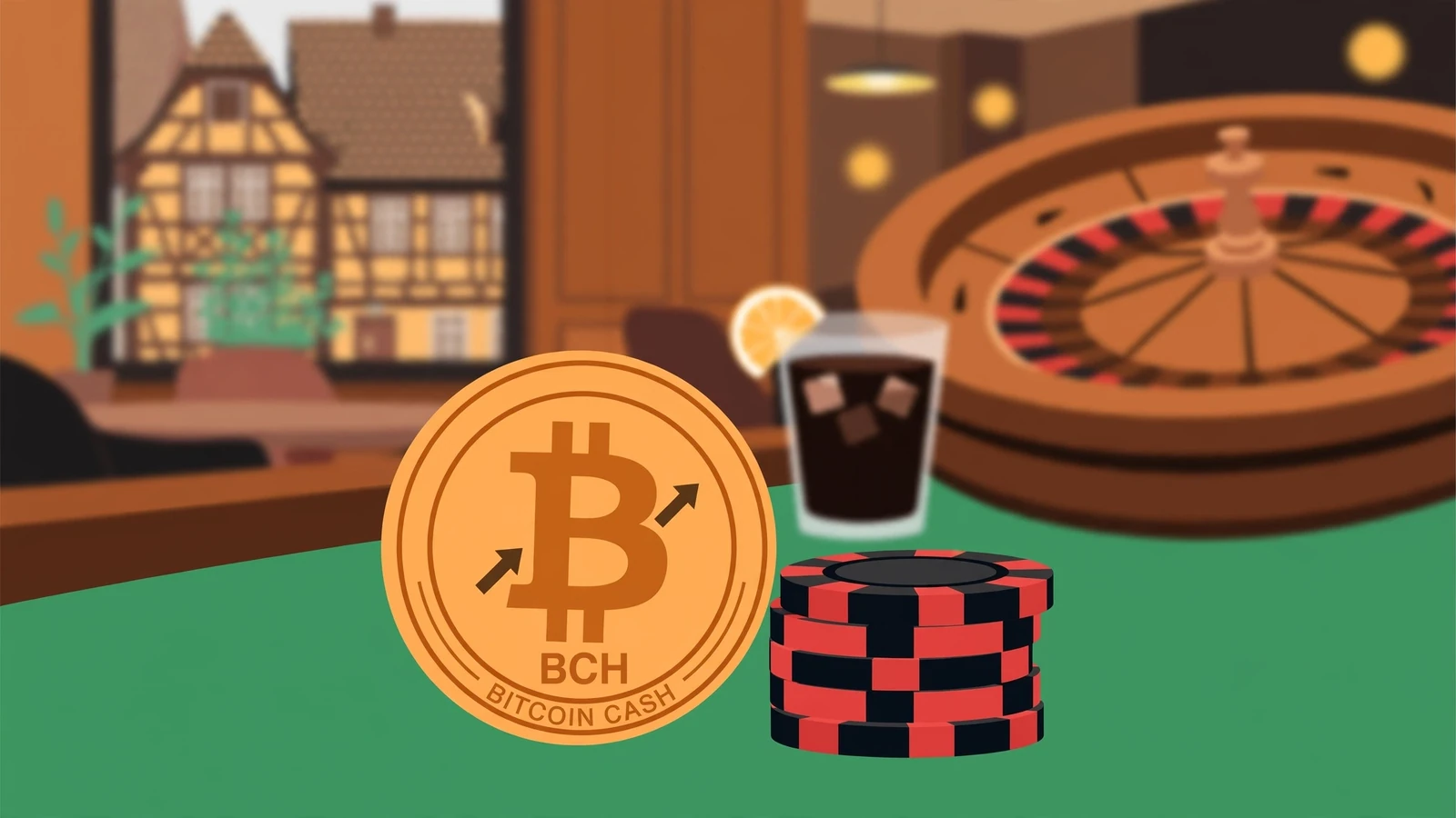 Bitcoin-Cash-Münze auf grünem Spieltisch mit Pokerchips und Roulette im Hintergrund.