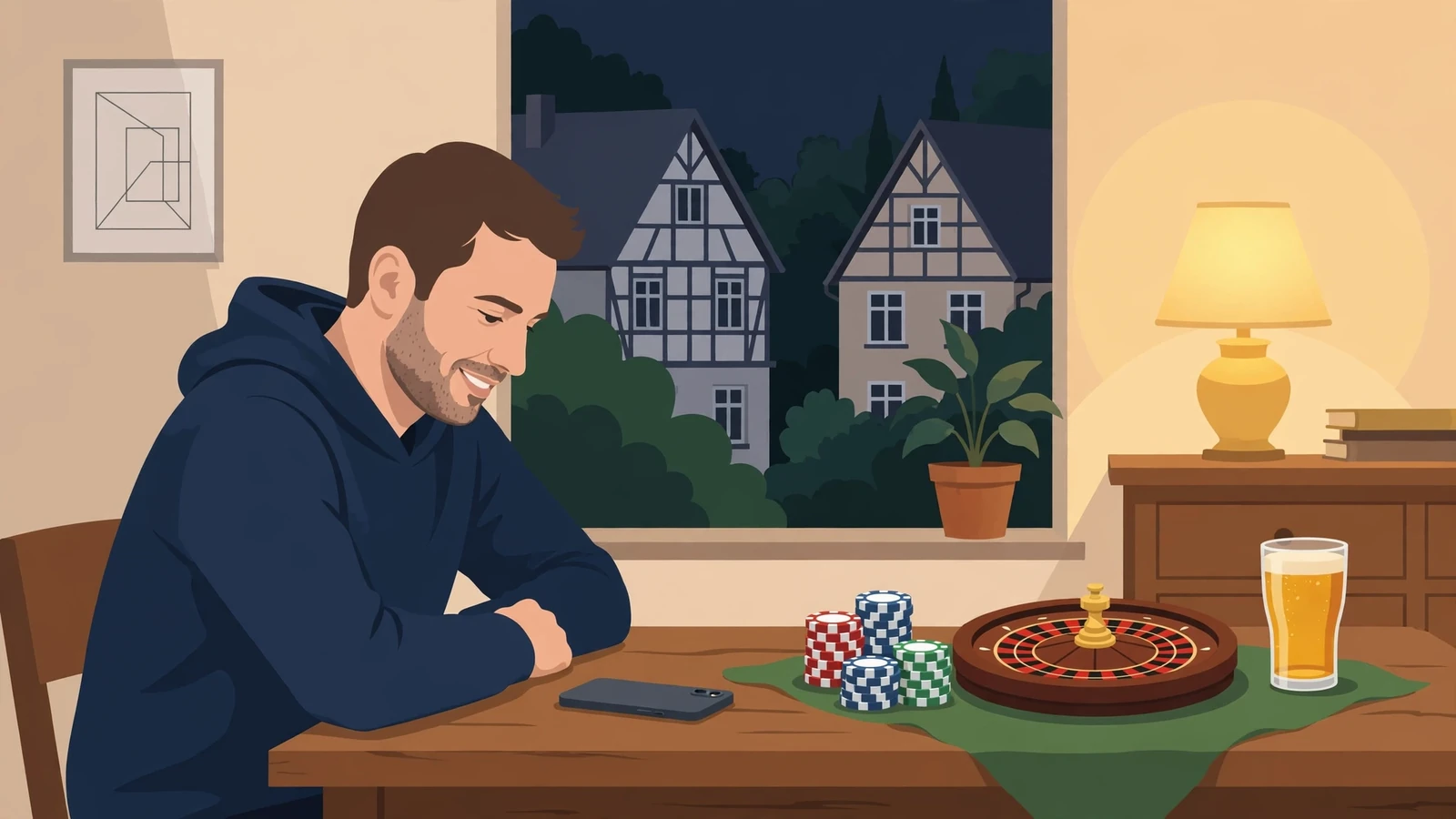 Spieler mit Casino-Chips und Roulette am Tisch in gemütlichem Wohnzimmer.