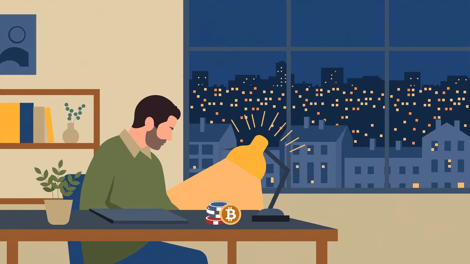 Modernes Zimmer mit Casino-Chips und Bitcoin-Münze auf dem Tisch.