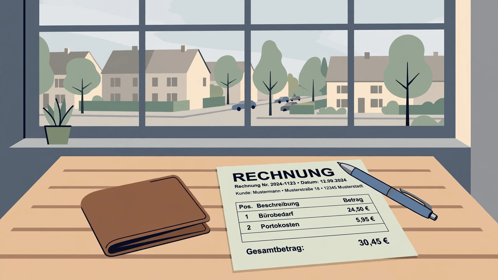 Geschlossene Geldbörse neben einer Rechnung auf einem Schreibtisch