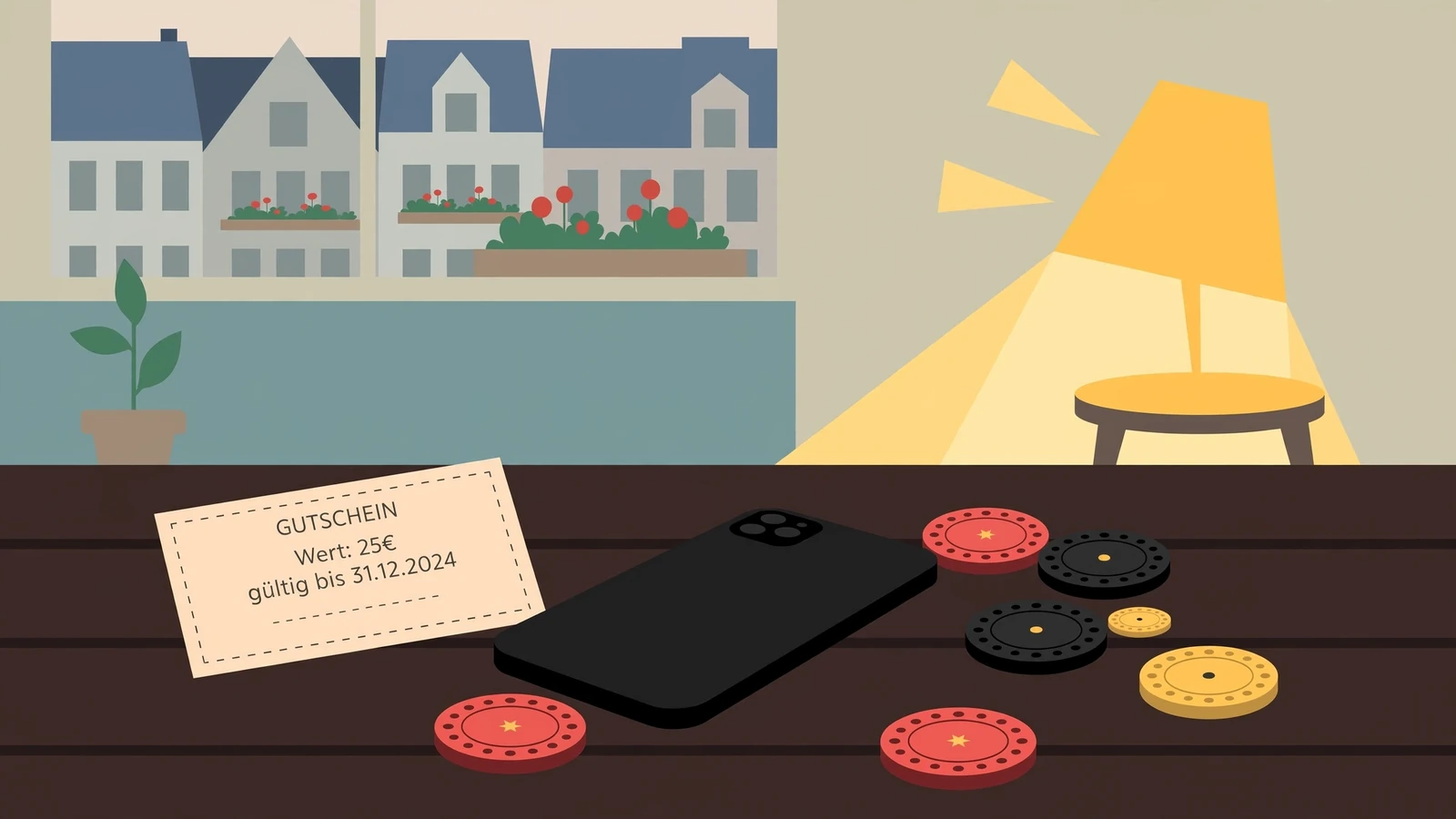 Smartphone mit Casino-Chips und Gutschein-Karte auf Holztisch