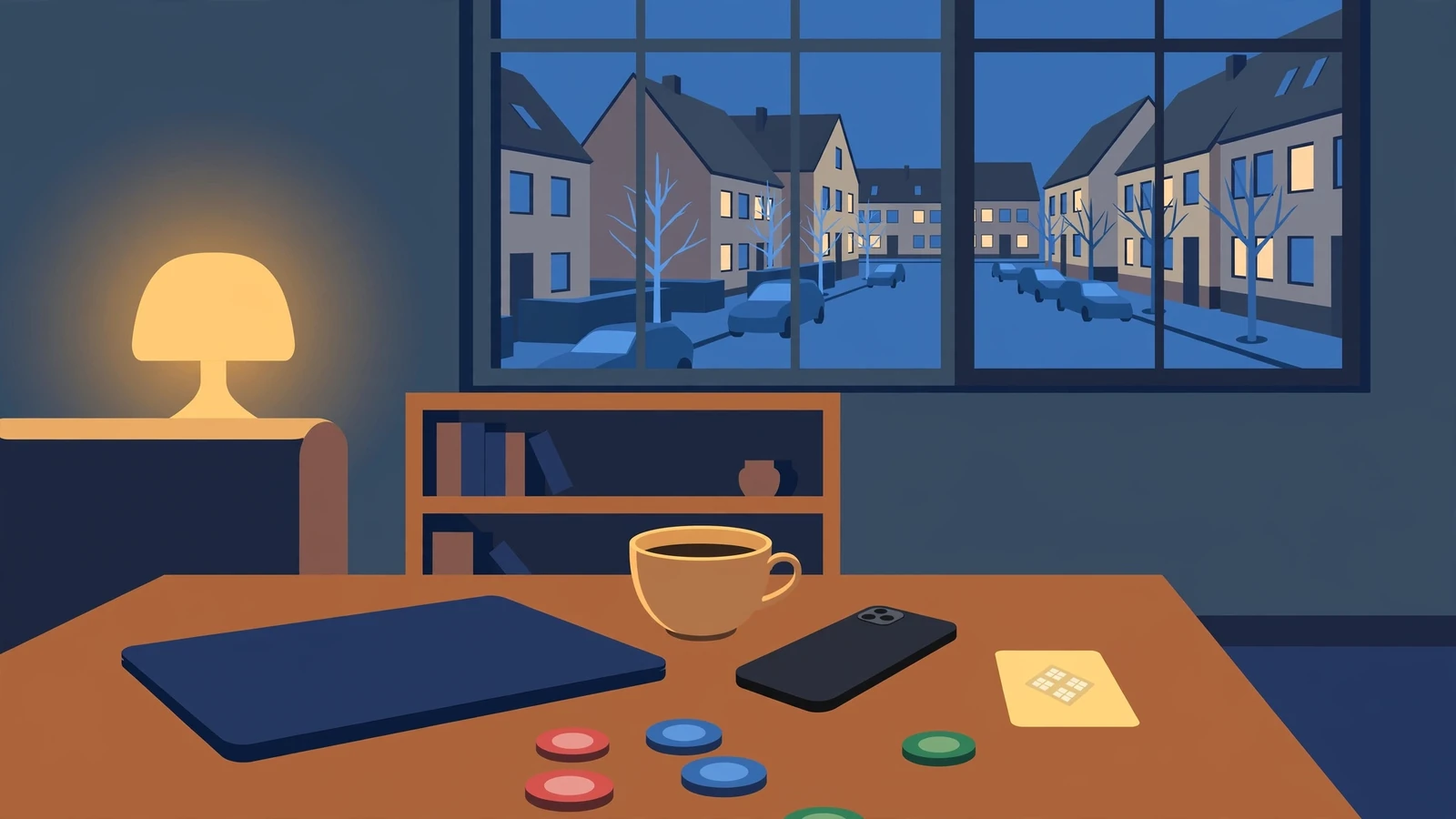 Geschlossener Laptop und Spielchips auf dem Wohnzimmertisch bei Abendlicht.