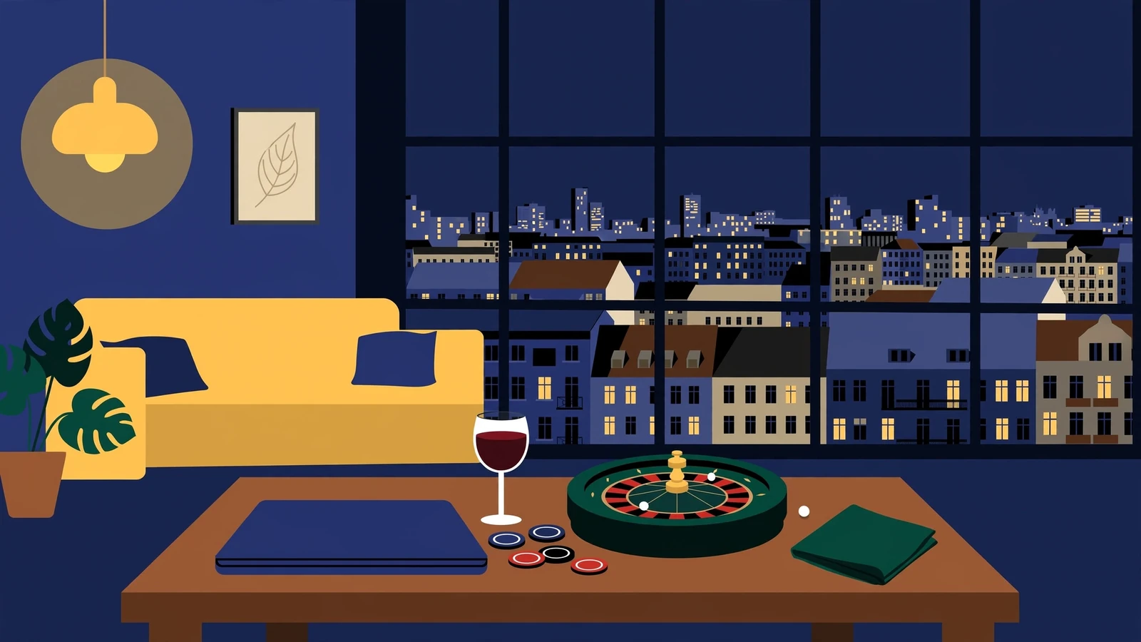 Modernes Apartment in Berlin mit Roulette und Chips auf dem Tisch bei Nacht.