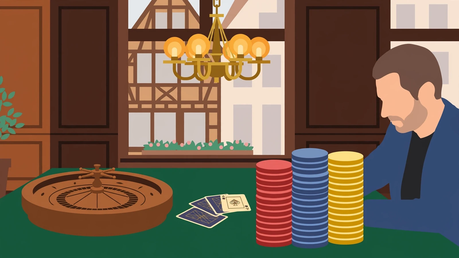 Eleganter Spieltisch mit hohen Stapeln bunter Pokerchips, Roulettekessel und Spielkarten auf grünem Filz in deutschem Casino-Ambiente.