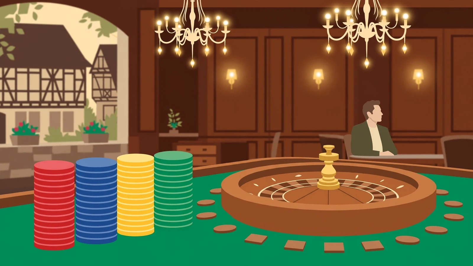 Eleganter Casino-Spieltisch mit hohen Stapeln bunter Poker-Chips neben Roulette-Rad unter warmem Kronleuchter-Licht